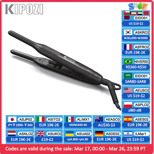 KIPOZI Titanium Small Hair Straightener Short Hair Pixue Cut Titanium Dual Voltage Flat Hair Iron Thin Pencil Beard Straightener